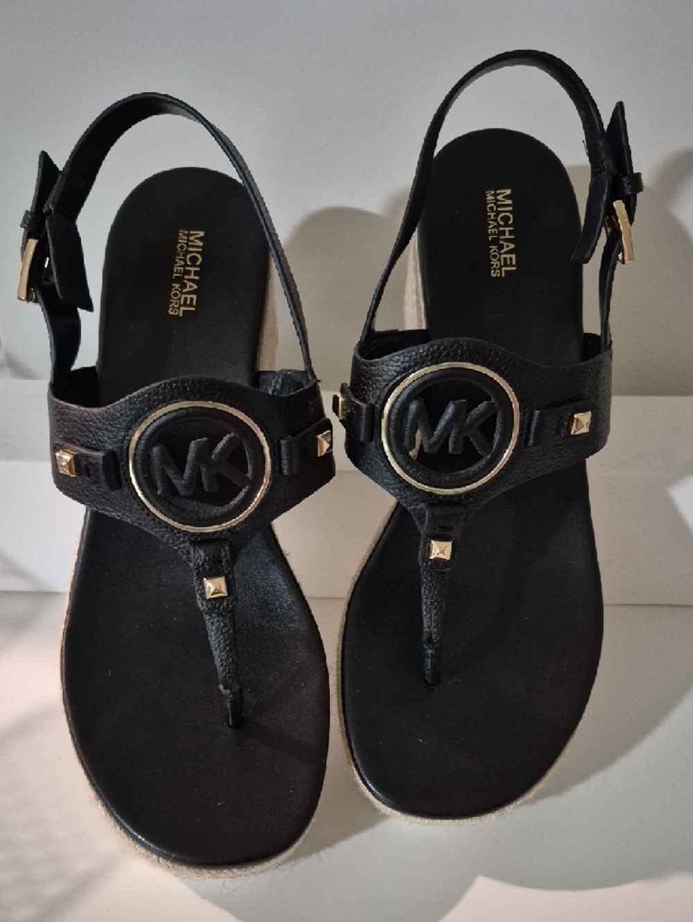 Michael Kors Black & Gold MK Logo Wedge Sandals - Picture 3 of 9